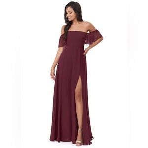 Azazie | A-line off-the-shoulder chiffon floor length dress in Cabernet